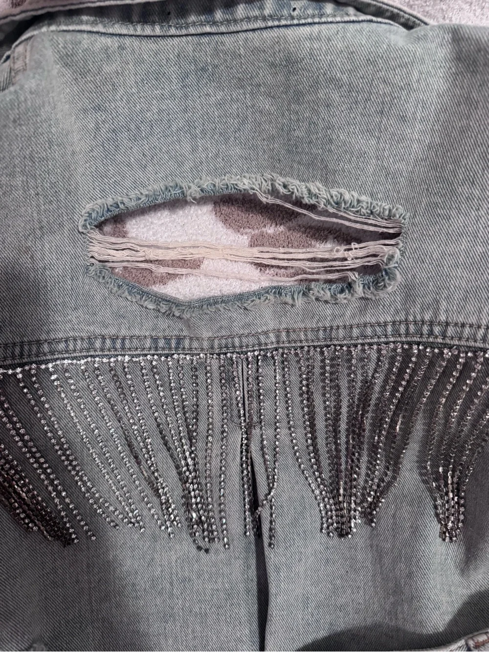 Denim Fringe Crop Jacket with Matching Shorts Set - distressed denim
